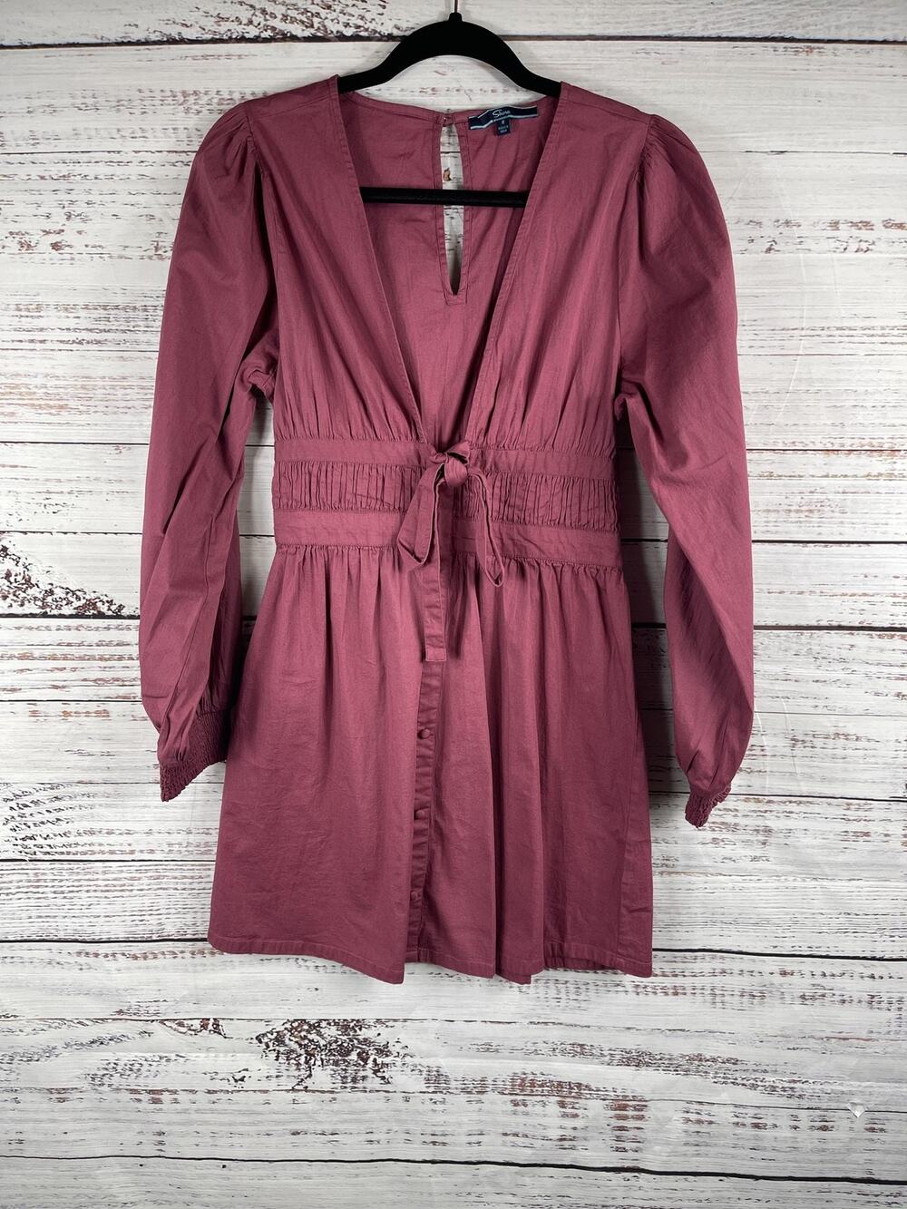 Shore Dress Women's Medium Pink Long Sleeve Smocked Waist Tie Front Boho Chic